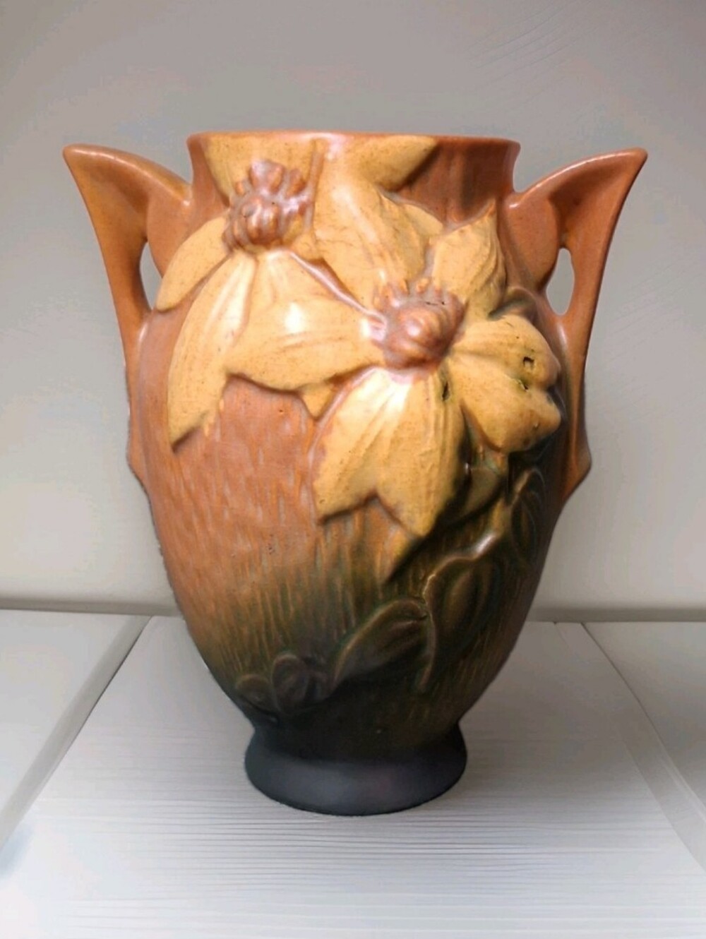 Vintage Roseville Pottery Orange,  Yellow Handled Clematis Vase 103-6"